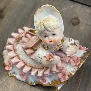 Vintage Geo Z Lefton Gold Trim Ruffled Porcelain Dress Bloomer Girl Figurine